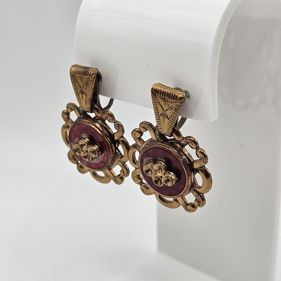 VINTAGE Victorian Style Gold Tone Dangle Earrings Screw Clip Back MCM - Picture 3 of 5